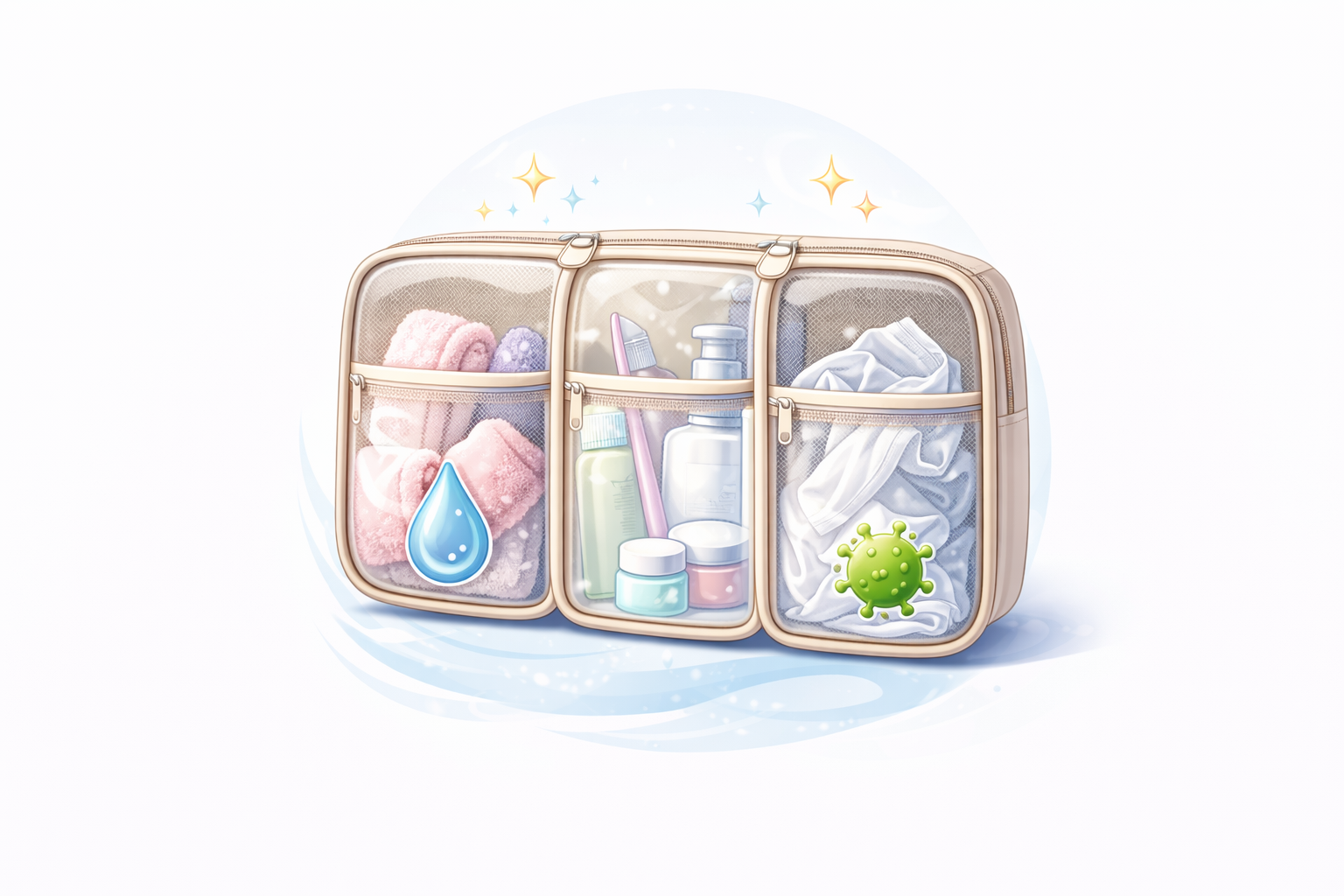 Trousse de toilette organisée et colorée separation et hygiène