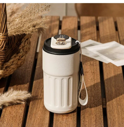 Mug isotherme ThermoSmart avec affichage température, Cozyshop, thermos chic blanc bois