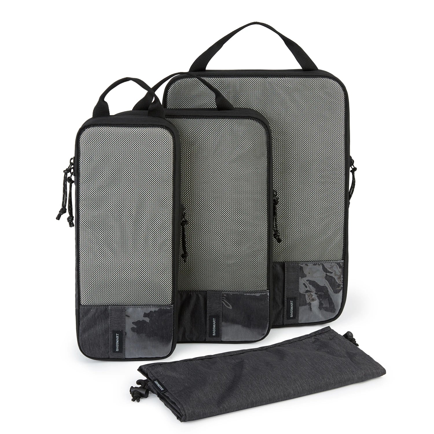Organisateur de valise compression CompactFlex™ set 4 pièces, cubes de rangement compressibles pour valise cabine, gain de place, vêtements organisés et sans froissements.