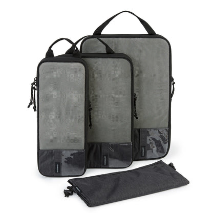 Organisateur de valise compression CompactFlex™ set 4 pièces, cubes de rangement compressibles pour valise cabine, gain de place, vêtements organisés et sans froissements.