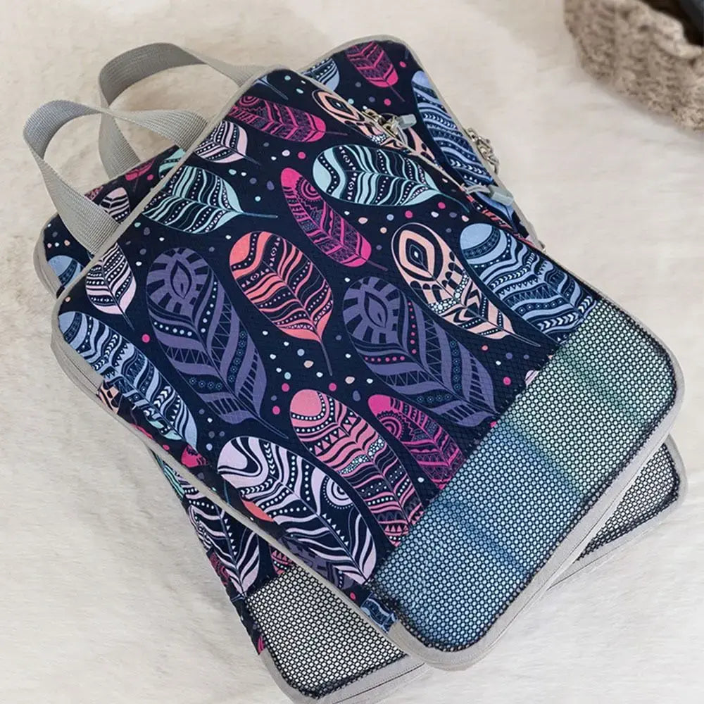 Organisateur de valise compression Élégance Voyage avec système de compression manuelle, set de 4 sacs pour optimiser l’espace en valise cabine et organiser efficacement les vêtements
