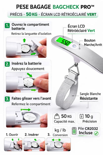 pese bagage BagCheck Pro ecran LCD vert sangle blanche 50kg precision 10g . changement baterie
