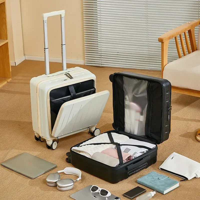 Petite valise cabine 18 pouces UrbanMove18 avec ouverture frontale, conçue en ABS robuste, équipée de roues pivotantes 360°, d’une fermeture sécurisée par code, d’une poignée télescopique, d’un port USB intégré et d’un porte-gobelet, proposée par Rangement Chic pour des voyages urbains élégants et pratiques.