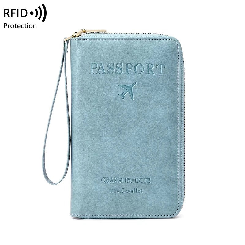 protege passeport RFID zippé en PU marron avec dragonne, format 19x11,5 cm pour voyage cabine avion variante bleu ciel