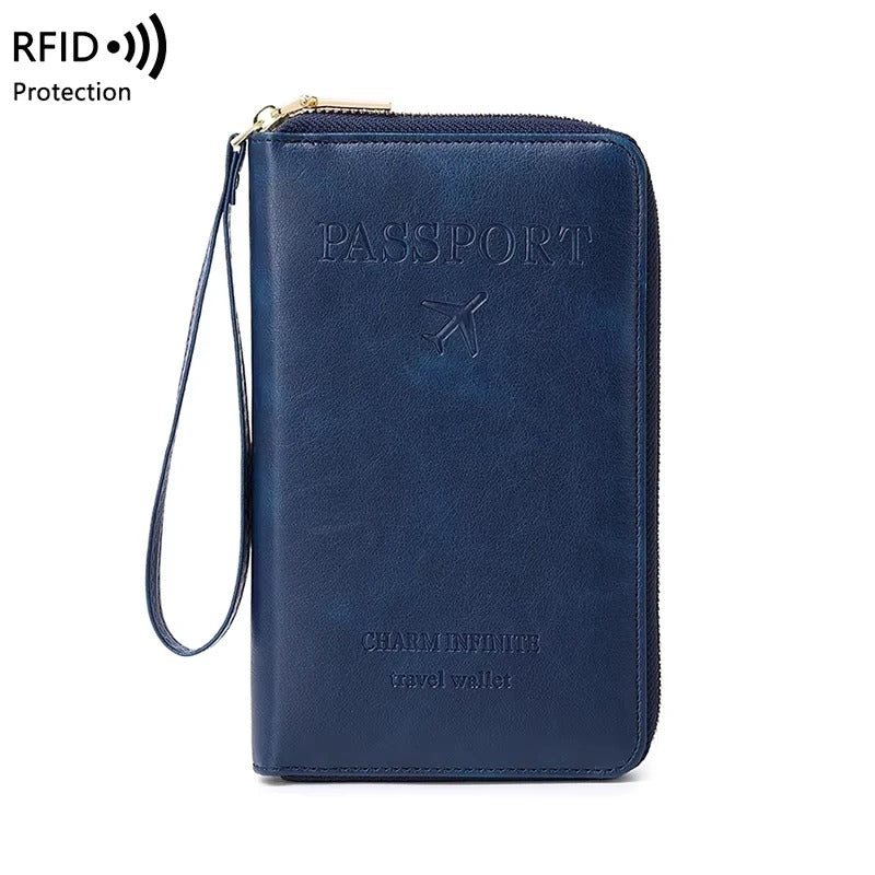 protege passeport RFID zippé en PU marron avec dragonne, format 19x11,5 cm pour voyage cabine avion variante bleu marine