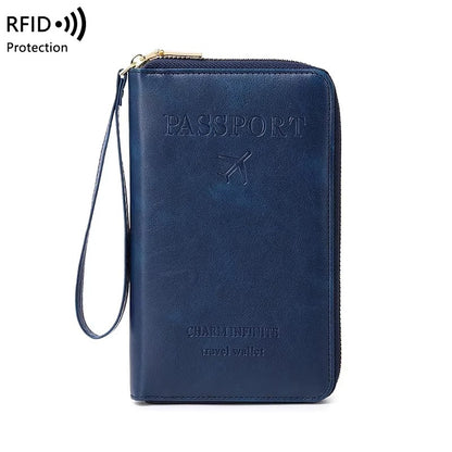 protege passeport RFID zippé en PU marron avec dragonne, format 19x11,5 cm pour voyage cabine avion variante bleu marine