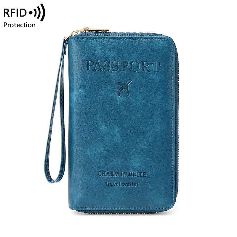 protege passeport RFID zippé en PU marron avec dragonne, format 19x11,5 cm pour voyage cabine avion variante bleu paon