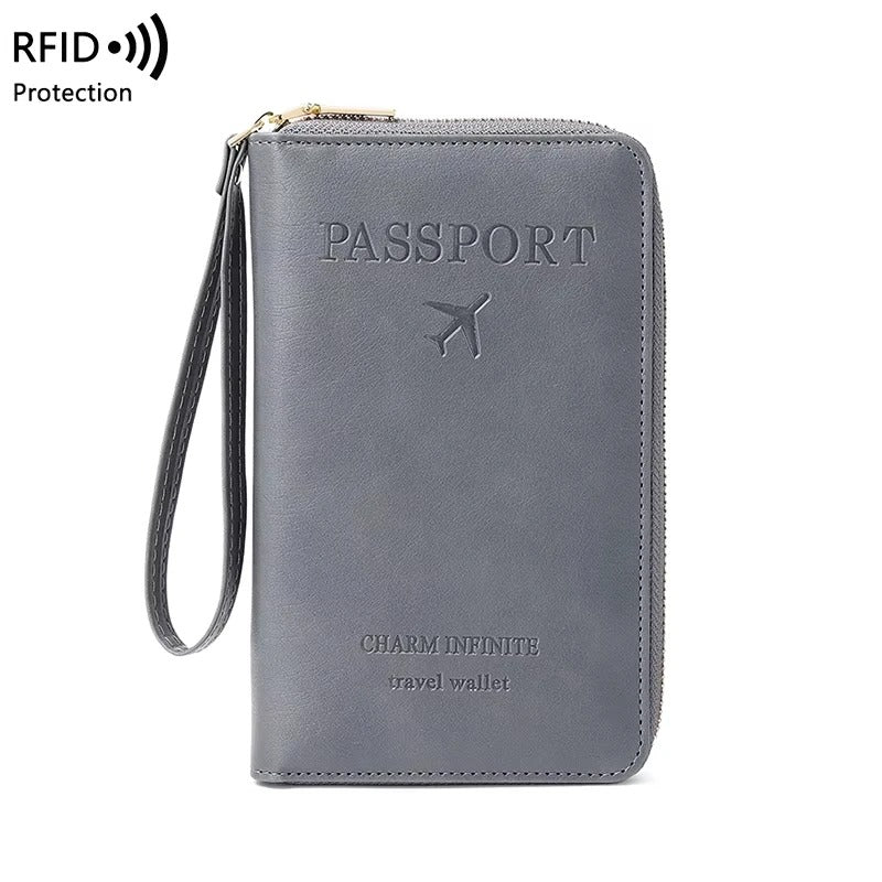 protege passeport RFID zippé en PU marron avec dragonne, format 19x11,5 cm pour voyage cabine avion variante gris