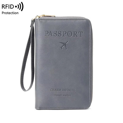 protege passeport RFID zippé en PU marron avec dragonne, format 19x11,5 cm pour voyage cabine avion variante gris
