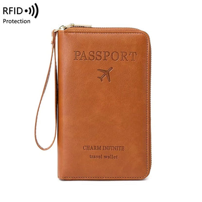 protege passeport RFID zippé en PU marron avec dragonne, format 19x11,5 cm pour voyage cabine avion variante marron