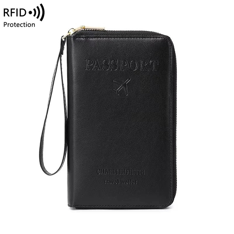 protege passeport RFID zippé en PU marron avec dragonne, format 19x11,5 cm pour voyage cabine avion variante noir