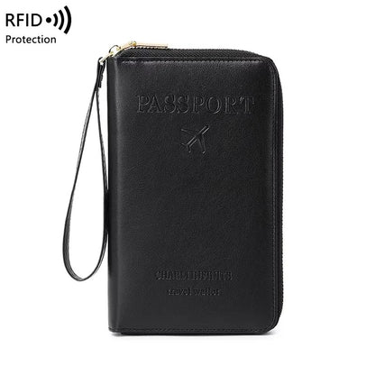protege passeport RFID zippé en PU marron avec dragonne, format 19x11,5 cm pour voyage cabine avion variante noir
