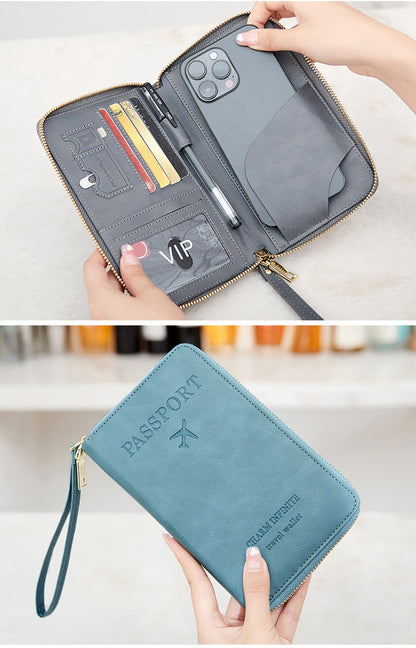 protege passeport RFID zippé PU marron 19x11,5 cm compatible bagage cabine avion et bagage a main bleu ciel