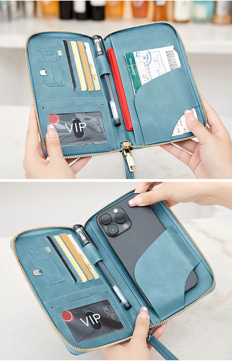 protege passeport RFID zippé PU marron 19x11,5 cm compatible bagage cabine avion et bagage a main grandeur telephone portable