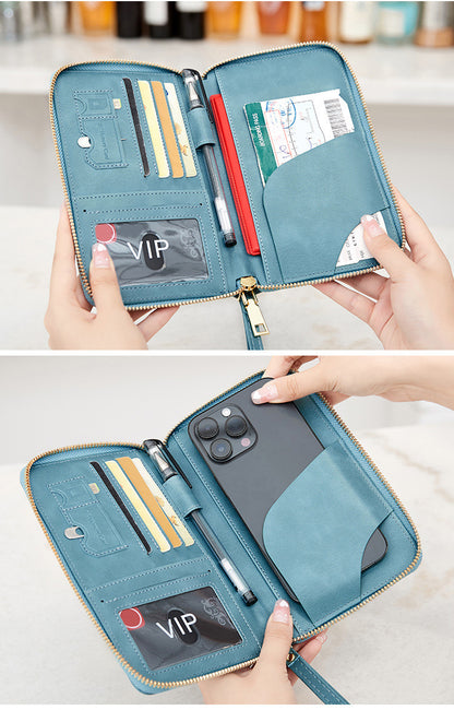 protege passeport RFID zippé PU marron 19x11,5 cm compatible bagage cabine avion et bagage a main grandeur telephone portable
