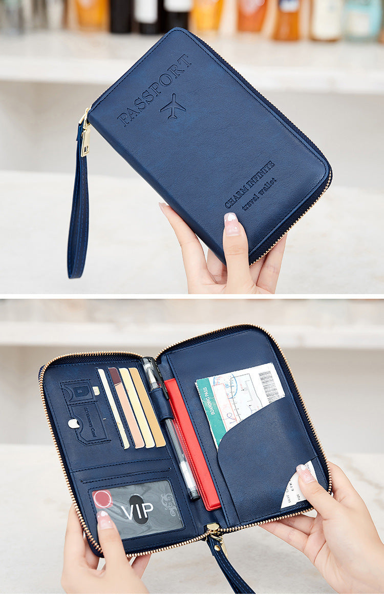 protege passeport RFID zippé PU marron 19x11,5 cm compatible bagage cabine avion et bagage a main bleu marine chic