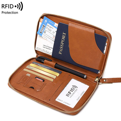 protege passeport RFID zippé PU marron 19x11,5 cm compatible bagage cabine avion et bagage a main marron ouvert