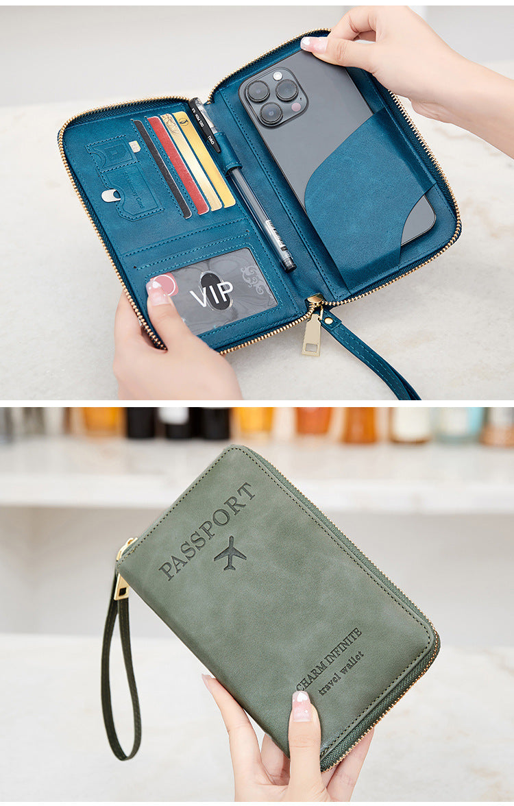 protege passeport RFID zippé PU marron 19x11,5 cm compatible bagage cabine avion et bagage a main vert