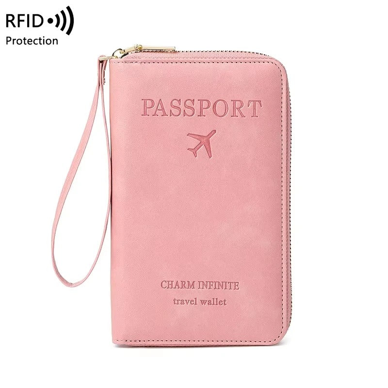 protege passeport RFID zippé en PU marron avec dragonne, format 19x11,5 cm pour voyage cabine avion variante rose poudré