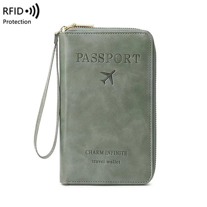 protege passeport RFID zippé en PU marron avec dragonne, format 19x11,5 cm pour voyage cabine avion variante vert