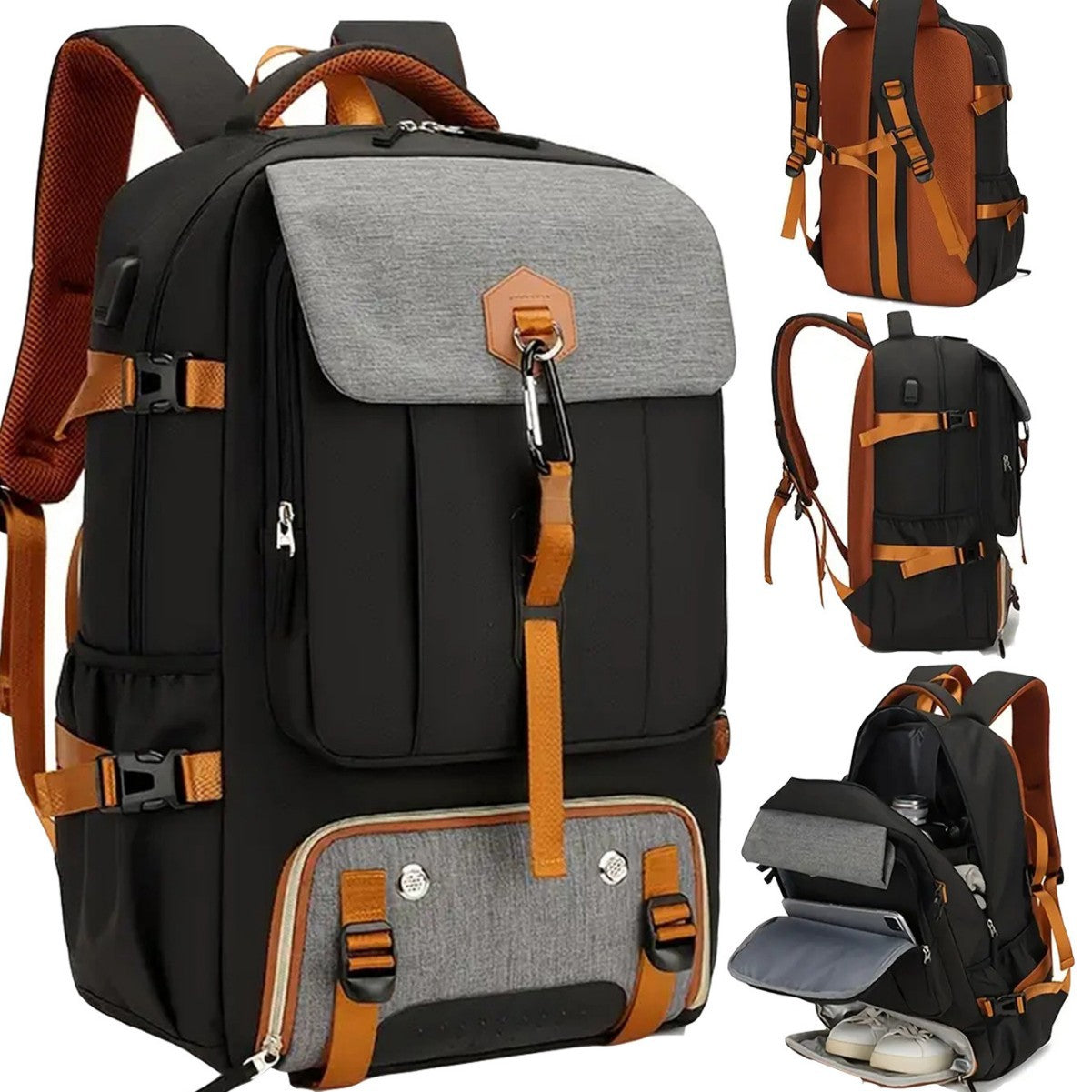 Sac a dos cabine 50L Aero Trek™ Noir /Gris multifonction avec compartiment chaussures, port USB et tissu résistant à l’eau compatible avion