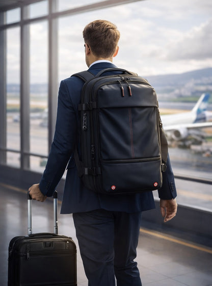 Homme avec sac à dos compression sous vide AirVault, format cabine, à l’aéroport