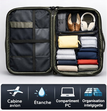 sac à dos compression sous vide AirVault, organisation intelligente bagage cabine, compartiment PC, étanche