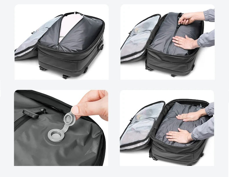 sac à dos compression sous vide cabine avion, rangement voyage, compression manuelle