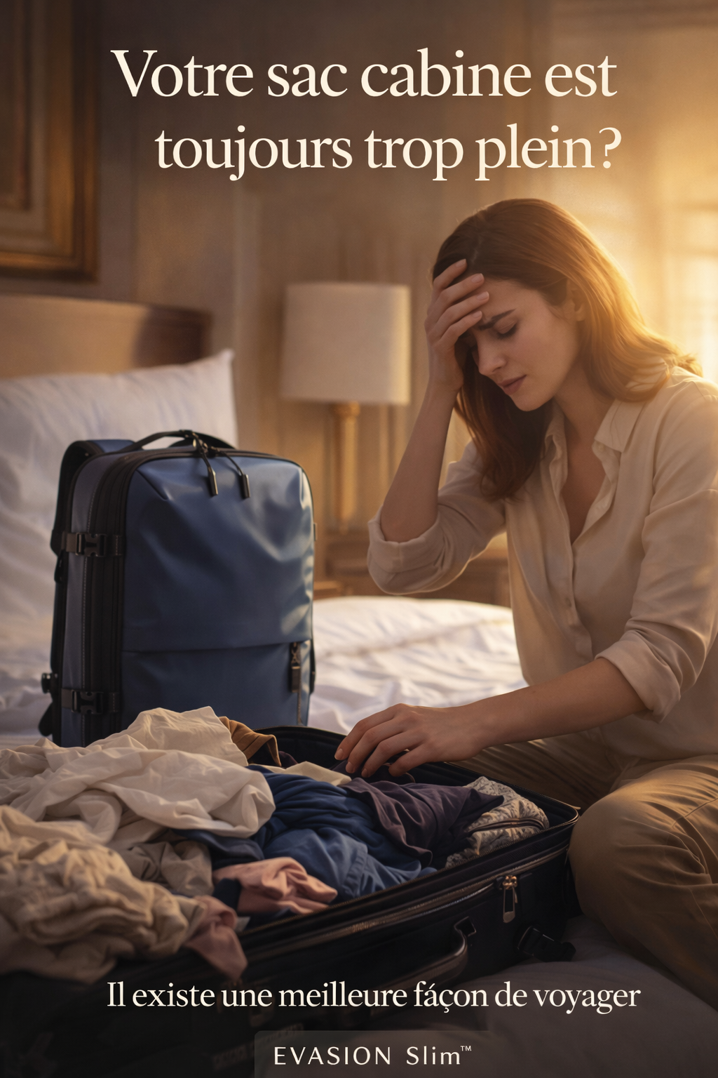 Femme stressée devant valise cabine débordante sur lit avec sac à dos compression sous vide EVASION Slim pour gain de place en voyage