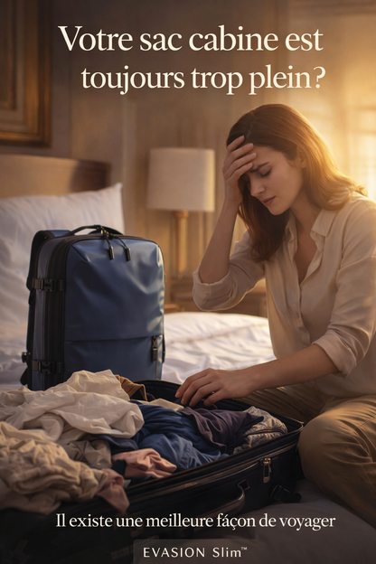 Femme stressée devant valise cabine débordante sur lit avec sac à dos compression sous vide EVASION Slim pour gain de place en voyage