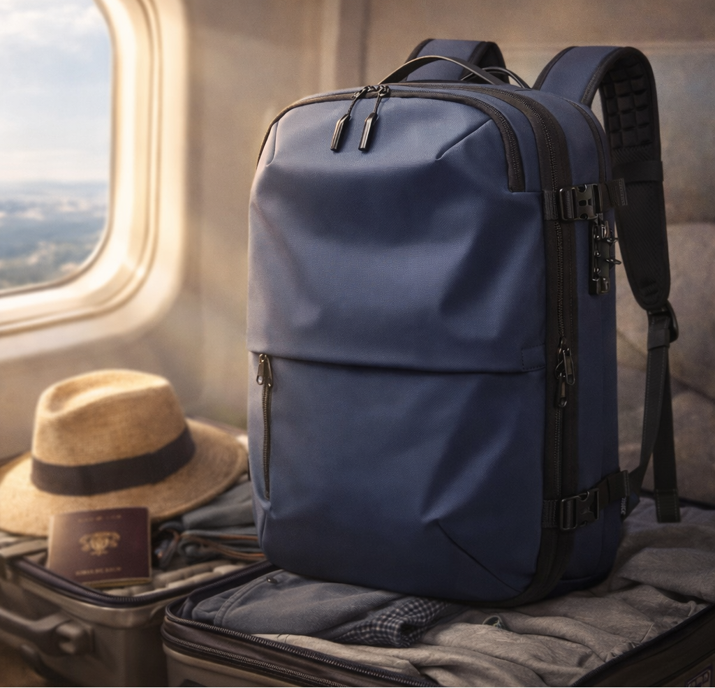 sac à dos compression sous vide voyage léger Evasion Slim bleu sur valise cabine, accessoire rangement bagage