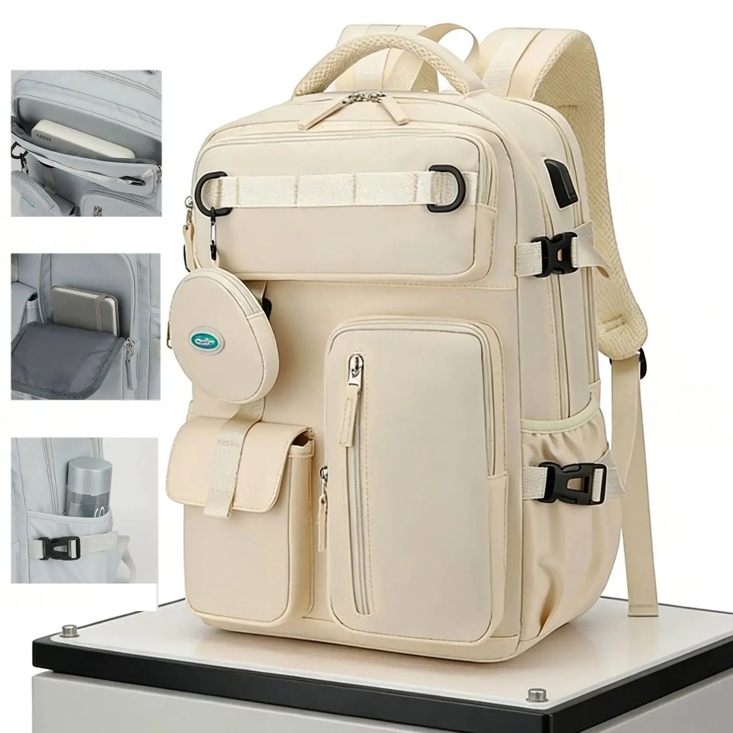 sac a dos voyage avion avec compartiment ordinateur beige plusieurs poches