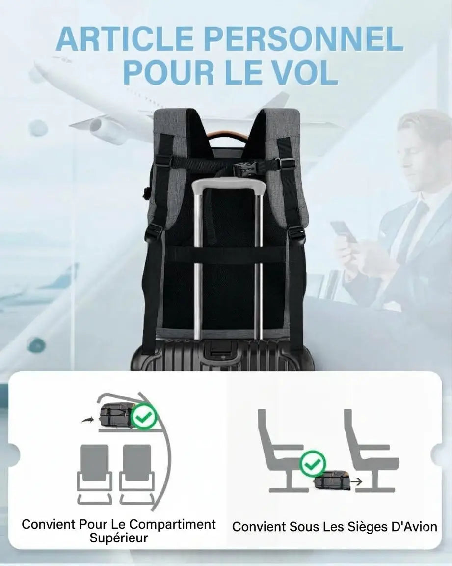 Sac à dos voyage Bag-Smart-RC gris ouvert avec vêtements, ordinateur portable, cubes de rangement et sac à chaussures.