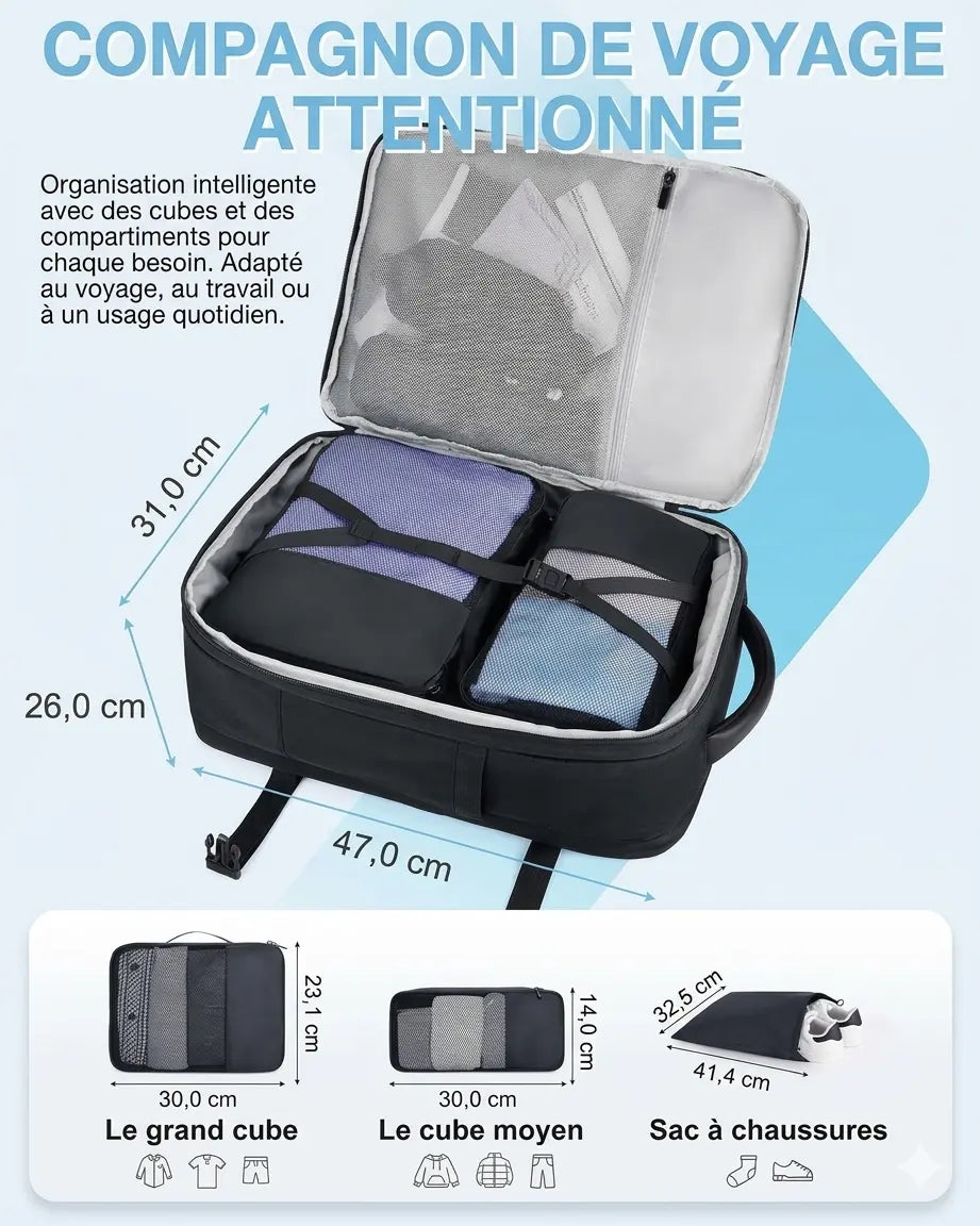 Intérieur du sac à dos voyage Bag-Smart-RC avec cubes de rangement, sac à chaussures et dimensions illustrées des accessoires.