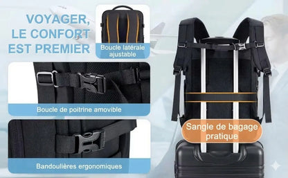 Sac à dos voyage Bag-Smart-RC gris ouvert avec vêtements, ordinateur portable, cubes de rangement et sac à chaussures.