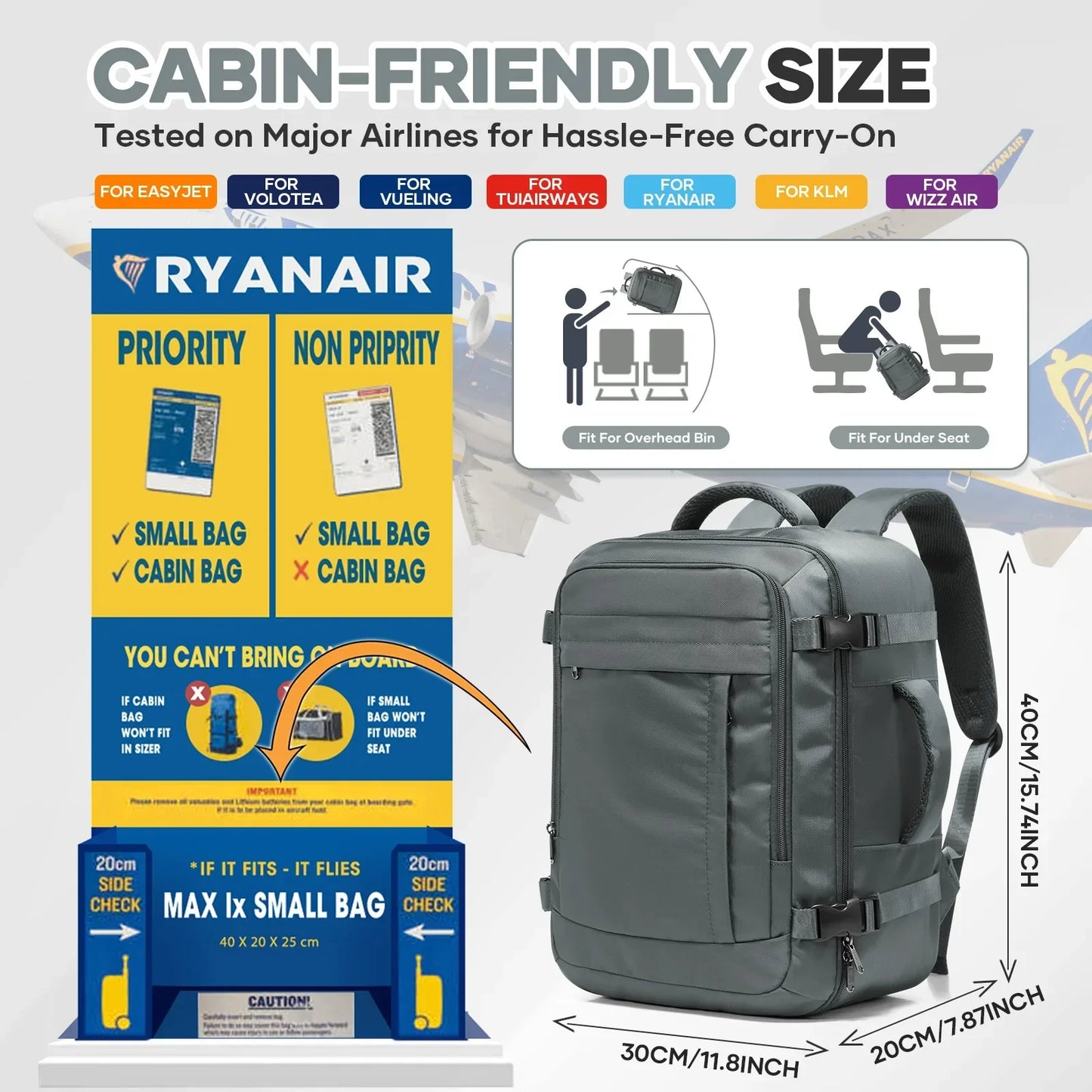 Sac a dos voyage FlyPack noir 40x30x20 avec ordinateur et vetements a l'interieur