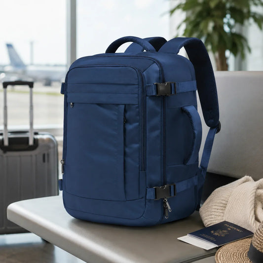 Sac a dos voyage FlyPack noir 40x30x20 avec ordinateur et vetements a l'interieur