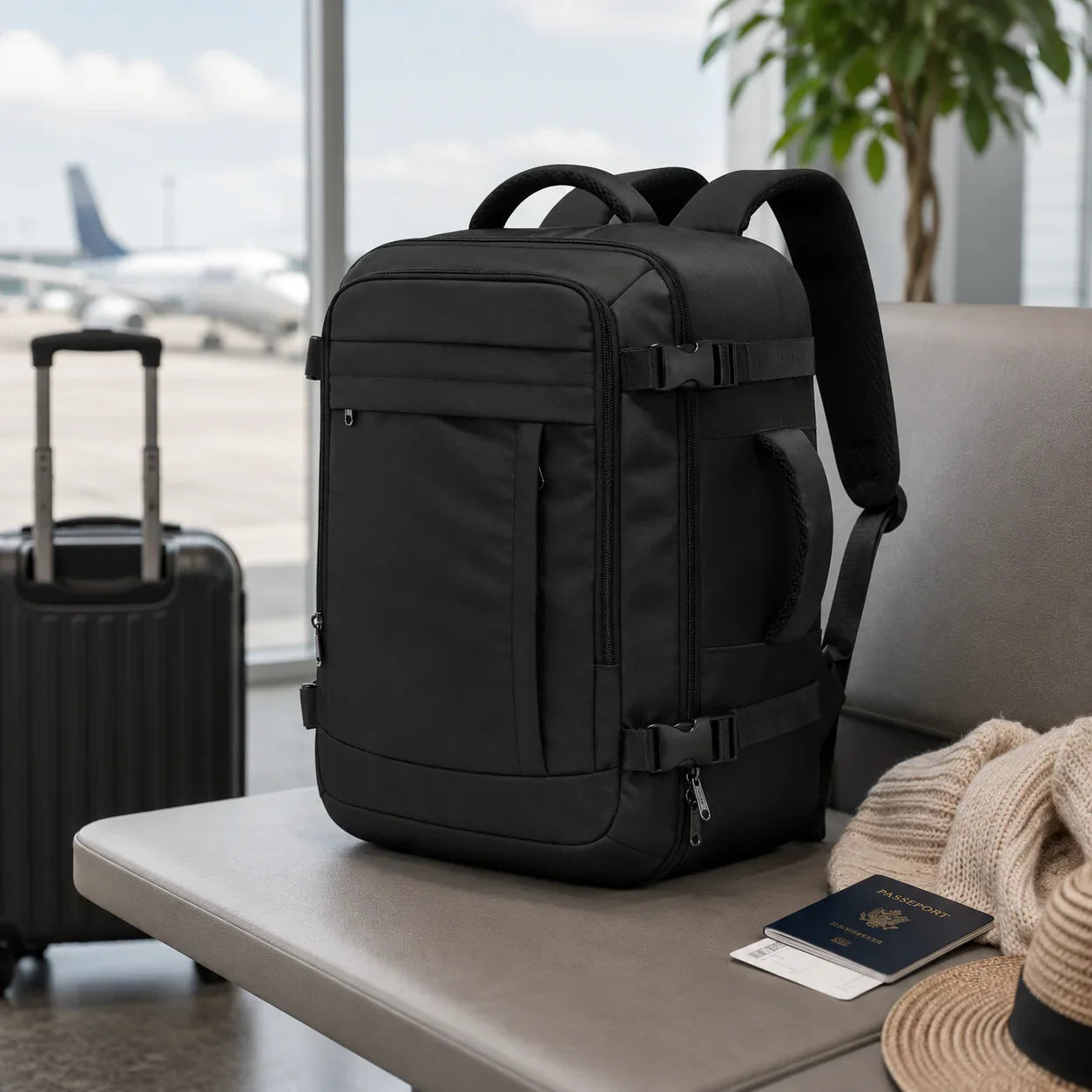 Sac a dos voyage FlyPack noir 40x30x20 avec ordinateur et vetements a l'interieur