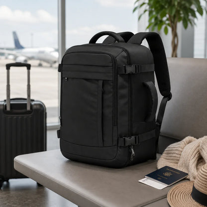 Sac a dos voyage FlyPack noir 40x30x20 avec ordinateur et vetements a l'interieur