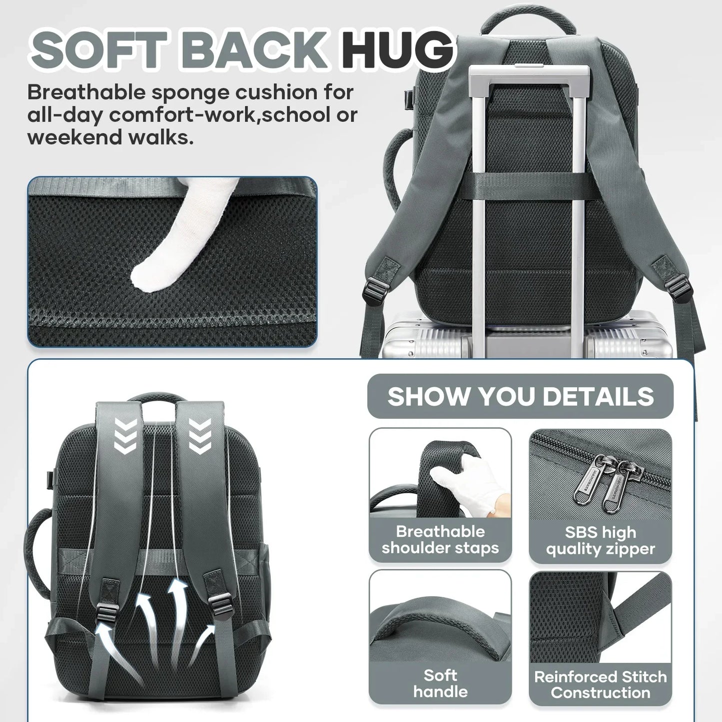 Sac a dos voyage FlyPack noir 40x30x20 avec ordinateur et vetements a l'interieur