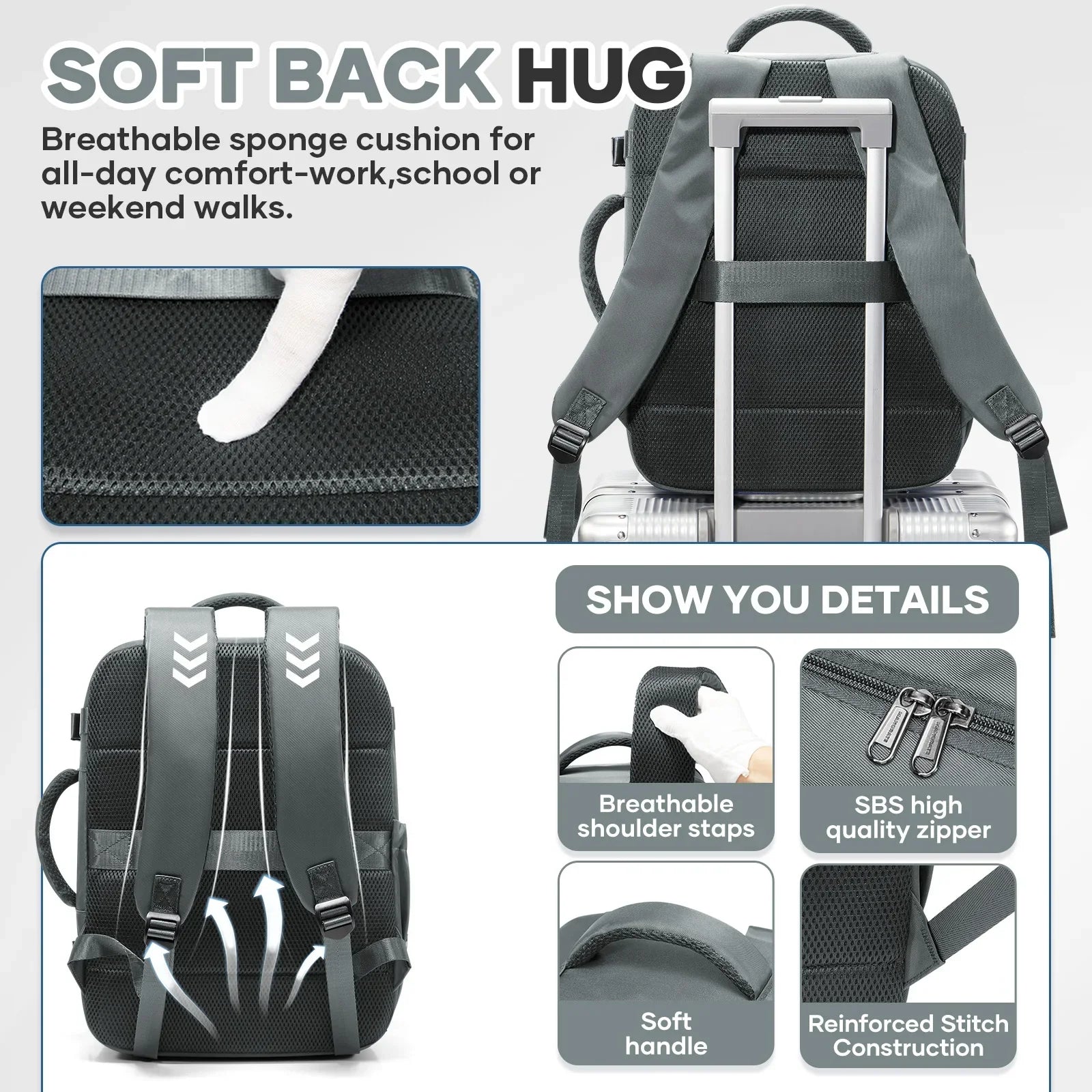 Sac a dos voyage FlyPack noir 40x30x20 avec ordinateur et vetements a l'interieur