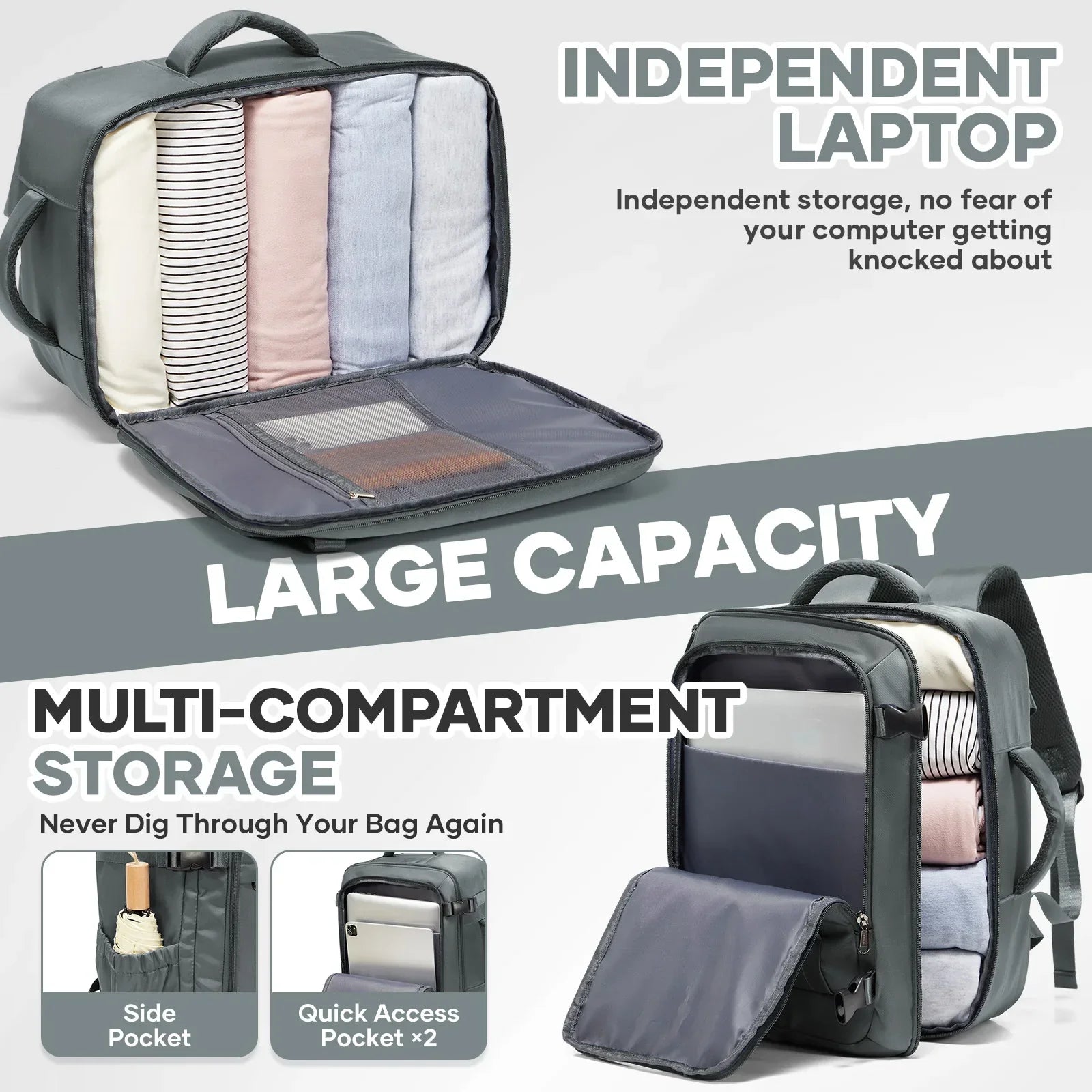 Sac a dos voyage FlyPack noir 40x30x20 avec ordinateur et vetements a l'interieur