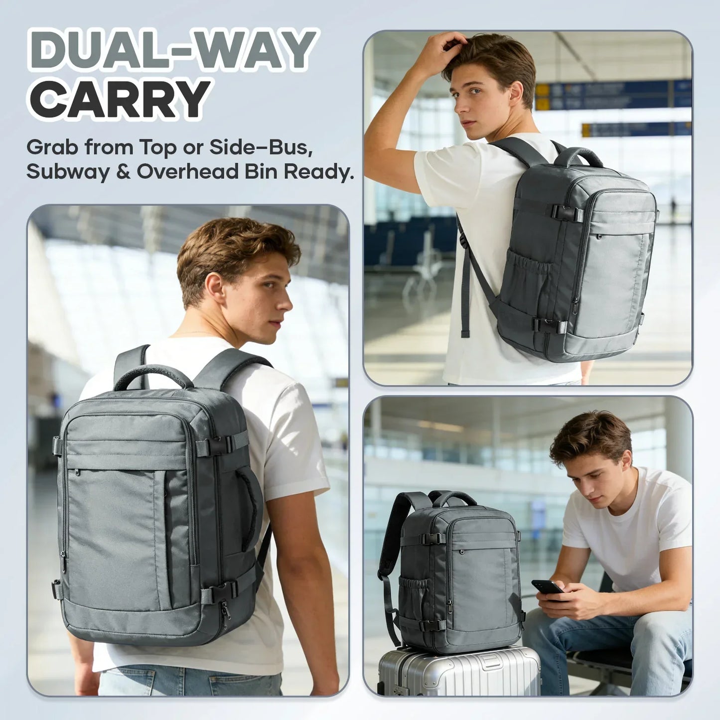 Sac a dos voyage FlyPack noir 40x30x20 avec ordinateur et vetements a l'interieur