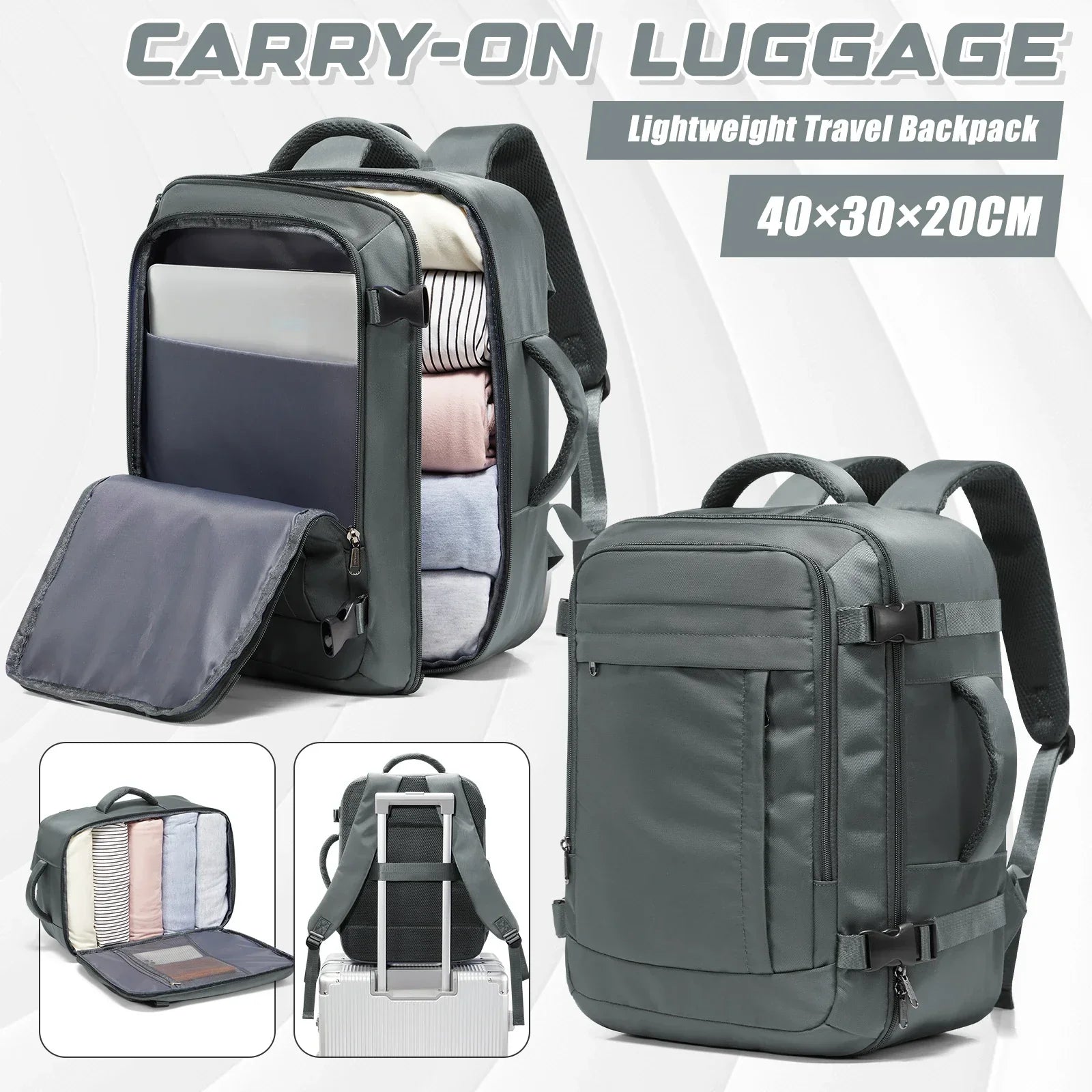 Sac a dos voyage FlyPack noir 40x30x20 avec ordinateur et vetements a l'interieur