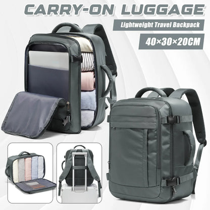 Sac a dos voyage FlyPack noir 40x30x20 avec ordinateur et vetements a l'interieur