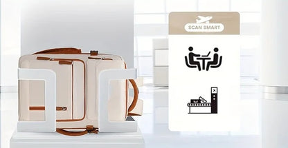 Femme voyageant avec sac a dos Aura Voyage vert, montrant l'organisation intelligente des poches et le confort du système Air Cushion Belt pendant un déplacement.