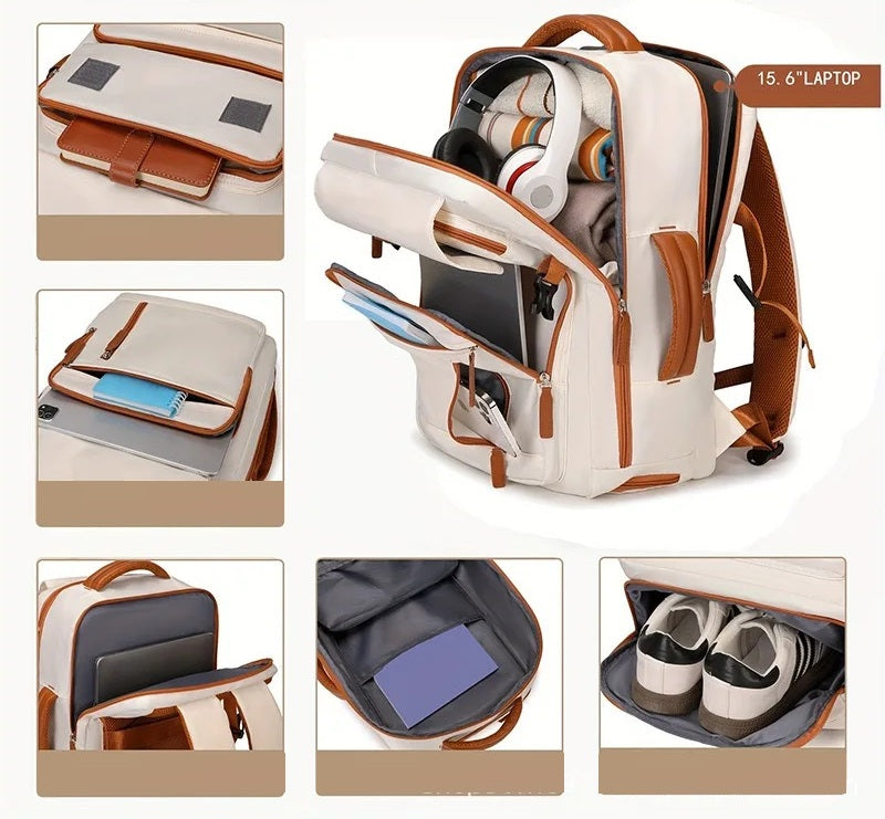 Femme voyageant avec sac a dos Aura Voyage vert, montrant l'organisation intelligente des poches et le confort du système Air Cushion Belt pendant un déplacement.