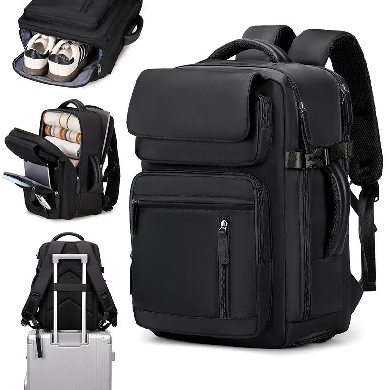 Femme voyageant avec sac a dos Aura Voyage vert, montrant l'organisation intelligente des poches et le confort du système Air Cushion Belt pendant un déplacement.