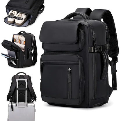 Femme voyageant avec sac a dos Aura Voyage vert, montrant l'organisation intelligente des poches et le confort du système Air Cushion Belt pendant un déplacement.