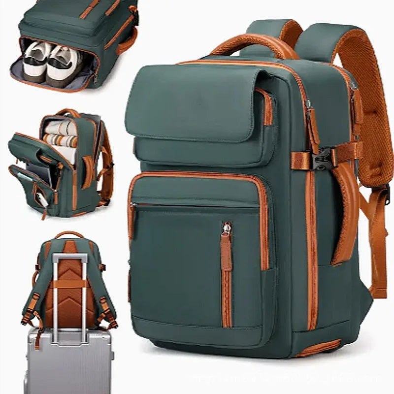 Femme voyageant avec sac a dos Aura Voyage vert, montrant l'organisation intelligente des poches et le confort du système Air Cushion Belt pendant un déplacement.